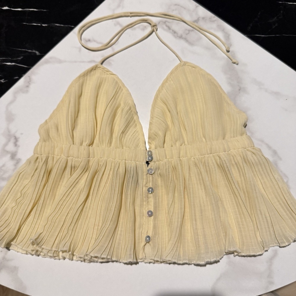 Y2K White Beige Silky Pleated Lined Bust Babydoll S Halter Top Dainty Glam 2000k